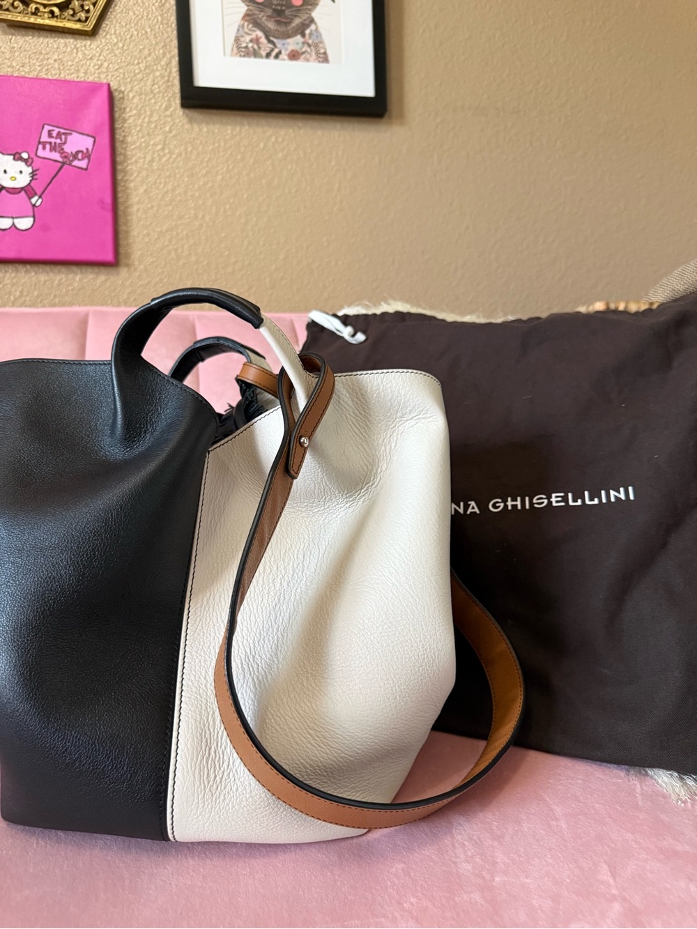 💯 Auth! Elena Ghisellini Colorblock Shoulder/Crossbody Cream Brown Black Leather - Picture 12 of 14